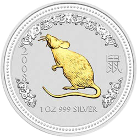 Picture of Серебряная монета "Год Крысы" Lunar 1 Series, с позолотой. 1 доллар. Австралия. 31,1 грамм