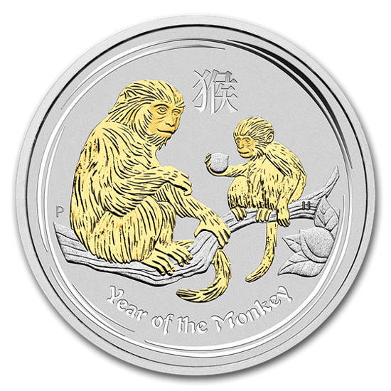 Picture of Серебряная монета "Год Обезьяны", с позолотой 1 доллар. Австралия. 31,1 грамм