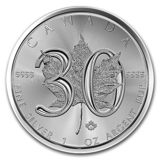 Изображение Серебряная монета "Кленовый Лист 30-летие"  (Canadian Maple Leaf 30th Anniversary) 31,1 грамм 2018 год