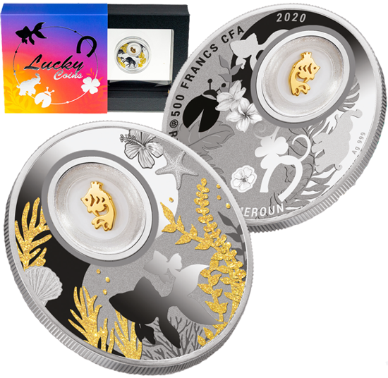 Picture of Серебряная монета ЗОЛОТАЯ РЫБКА на удачу   «LUCKY COINS» c элементом покрытым 24К золотом