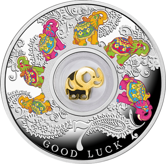 Picture of Срібна монета 7 СЛОНИКІВ 2016  серії «Монети на щастя» з елементом покритим 24К золотом "GOOD LUCK"