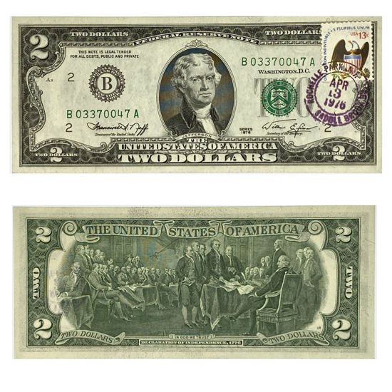 Picture of 2 долари США 1976 р. номер - "В 03370047 А"