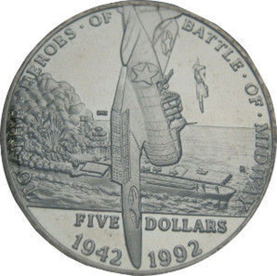 Picture of Маршаллові острови 5 доларів 1992 року, Героям битви при Мідвеї (в запайці) 