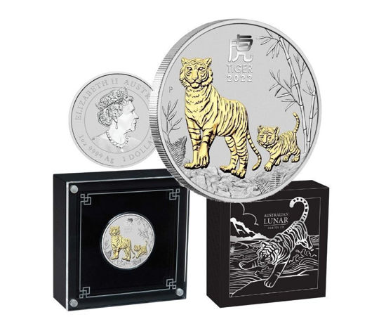 Picture of Серебряная позолоченная  монета «Год Тигр - TIGER Lunar Year Series III» 31.1 г. Австралия 2022 год тигра