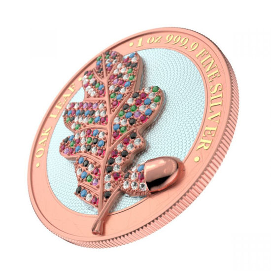 Picture of Серебряная монета "Дубовый лист с драгоценностями - розовый " 31,1грамм 2019