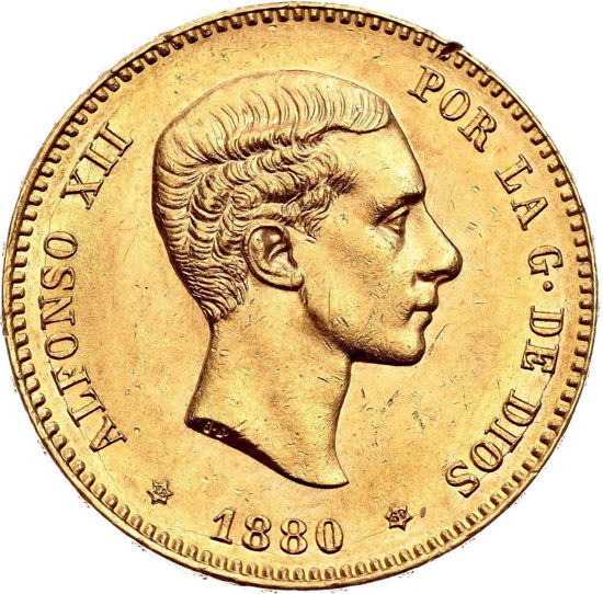 Picture of Золота монета "25 песет" Альфонсо ХІІ, 8,06 грам, 1876-1881 роки