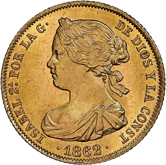 Picture of Золотая монета "100 реалов Изабелла II" 8,3 грамм, 1862 год