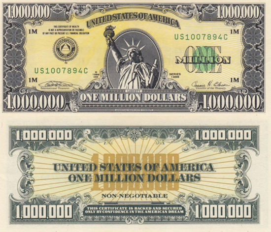 Picture of Казначейский билет "1 000 000 долларов" Ассоциация Миллионеров, 1988 год