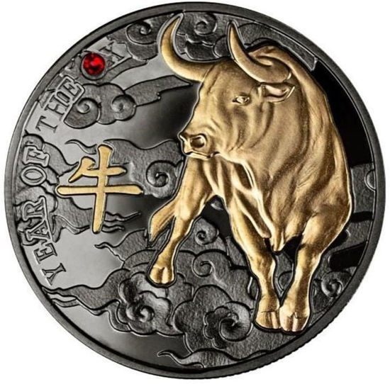 Изображение Серебряная монета "Год Быка"  с покрытием рутением  2021 г.